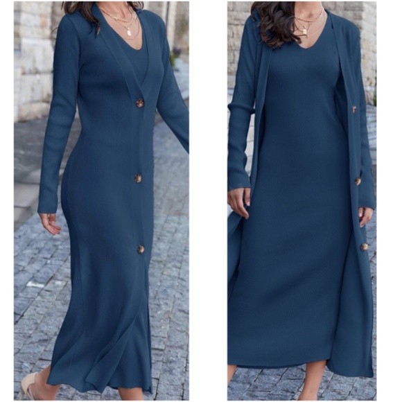 Classic Sleeveless Midi Dress Button Down Long Cardigan Set - Picture 3 of 11